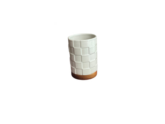 Checkered Cream And Wood Toothbrush/Makup Brush Holder